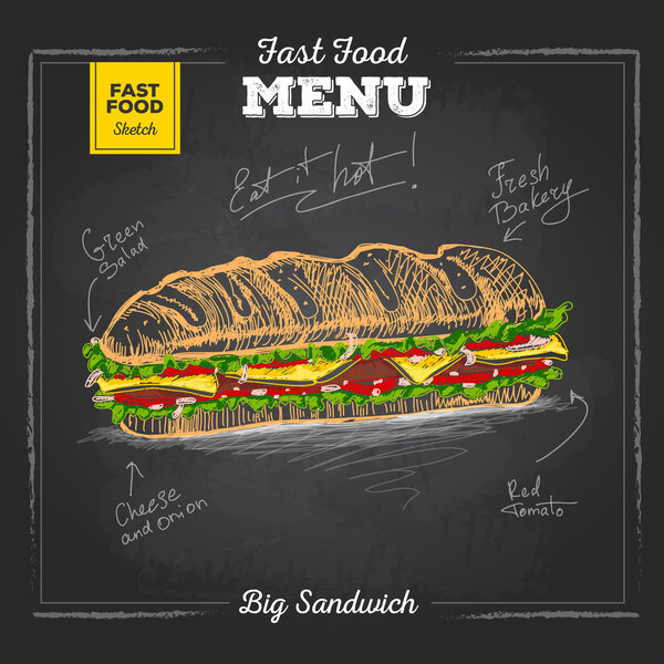 Vintage chalk drawing fast food menu. Sandwich sketch