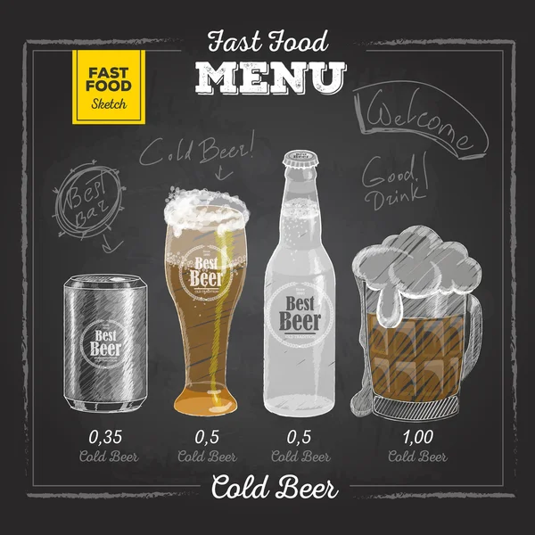 Giz vintage desenho menu fast food. Cerveja gelada —  Vetores de Stock