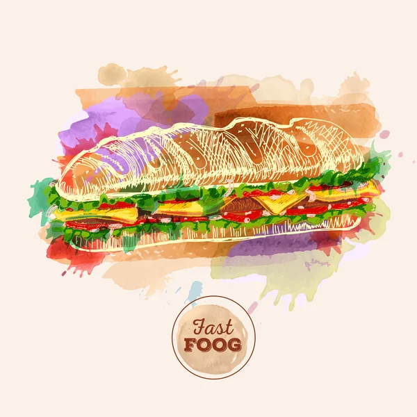 Watercolor Hamburger or Sandwich. Fast Food sketch — Stock Vector