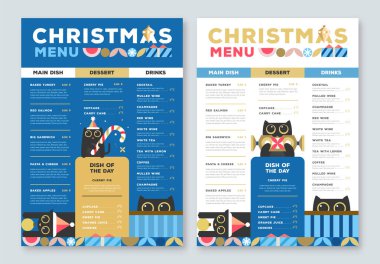 Restoran Noel tatili düz menü dizaynı mavi arka planda komik kediler. Vektör illüstrasyonu