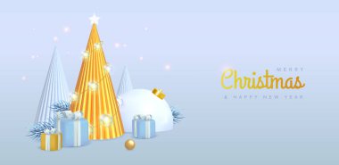 3D Noel ağaçları, bir dizi ışık, köknar ağacı dalı ve beyaz arka planda hediye kutuları. Noel tatili geçmişi. Vektör illüstrasyonu