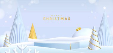 Noel gösterisi kar, 3 boyutlu podyum ve Noel ağaçları olan beyaz arka plan. Soyut asgari sahne. Vektör illüstrasyonu