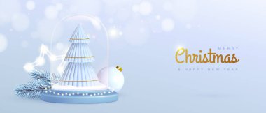 Mutlu Noeller ve 3D cam küreli mutlu yeni yıl afişleri, Noel ağacı, takı ve beyaz arka planda dallı. Vektör illüstrasyonu