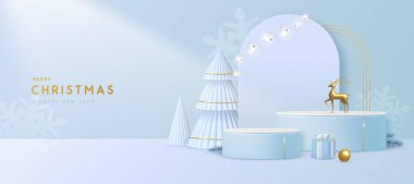 Noel gösterisi beyaz arka plan, 3D podyum ve Noel ağaçları. Soyut asgari sahne. Vektör illüstrasyonu