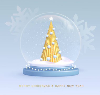 Christmas snow globe with 3D plastic Christmas tree. Merry Christmas and Happy new Year holiday greeting card. Vector illustration