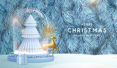 Noel arkaplanı 3D cam top, altın geyik ve gümüş Noel ağacı desenli. Vektör illüstrasyonu