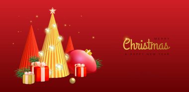 3D Noel ağaçları, bir dizi ışık, köknar ağacı dalı ve kırmızı arka planda hediye kutuları. Noel tatili geçmişi. Vektör illüstrasyonu