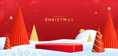 Noel gösterisi, kar, 3 boyutlu podyum ve Noel ağaçlarıyla kırmızı arka plan. Soyut asgari sahne. Vektör illüstrasyonu