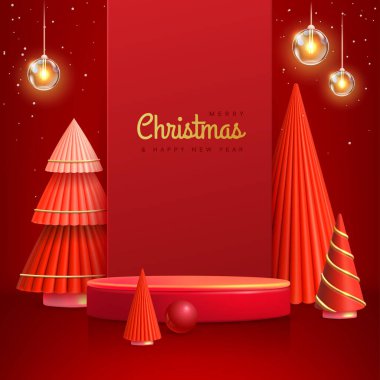 Noel gösterisi, 3 boyutlu podyum ve Noel ağaçlarıyla kırmızı arka plan. Soyut asgari sahne. Vektör illüstrasyonu