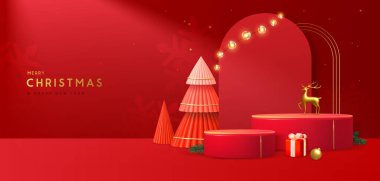 Noel gösterisi, 3 boyutlu podyum ve Noel ağaçlarıyla kırmızı arka plan. Soyut asgari sahne. Vektör illüstrasyonu