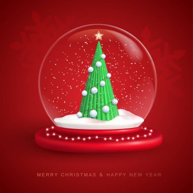 Christmas snow globe with 3D plastic Christmas tree. Merry Christmas and Happy new Year holiday greeting card. Vector illustration