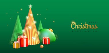 3D Noel ağaçları, bir dizi ışık, köknar ağacı dalı ve yeşil arka planda hediye kutuları. Noel tatili geçmişi. Vektör illüstrasyonu