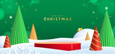 Noel gösterisi, kar, 3 boyutlu podyum ve Noel ağaçları olan yeşil arka plan. Soyut asgari sahne. Vektör illüstrasyonu