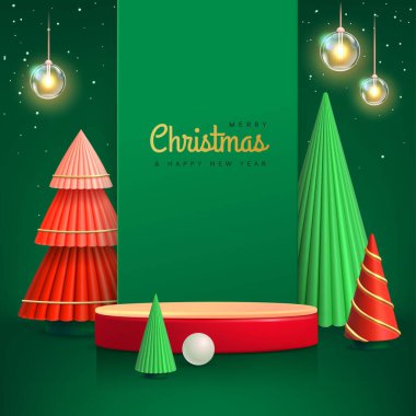 Noel gösterisi, yeşil arka plan, 3D podyum ve Noel ağaçları. Soyut asgari sahne. Vektör illüstrasyonu