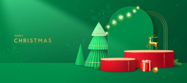 Noel gösterisi, yeşil arka plan, 3D podyum ve Noel ağaçları. Soyut asgari sahne. Vektör illüstrasyonu