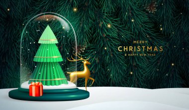 Noel arkaplanı 3D cam top, altın geyik ve zümrüt yeşili Noel ağacı desenli. Vektör illüstrasyonu