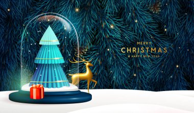 Noel arkaplanı 3D cam top, altın geyik ve mavi Noel ağacı desenli. Vektör illüstrasyonu