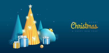 3D Noel ağaçları, bir dizi ışık, köknar ağacı dalı ve mavi arka planda hediye kutuları. Noel tatili geçmişi. Vektör illüstrasyonu