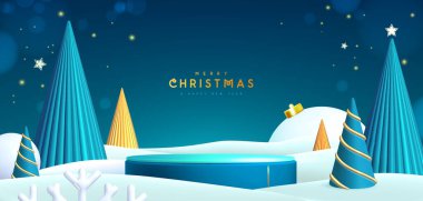 Noel gösterisi, kar, 3 boyutlu podyum ve Noel ağaçları olan mavi arka plan. Soyut asgari sahne. Vektör illüstrasyonu