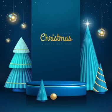 Noel gösterisi, 3 boyutlu podyum ve Noel ağaçlarıyla mavi arka plan. Soyut asgari sahne. Vektör illüstrasyonu