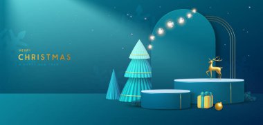 Noel gösterisi, 3 boyutlu podyum ve Noel ağaçlarıyla mavi arka plan. Soyut asgari sahne. Vektör illüstrasyonu