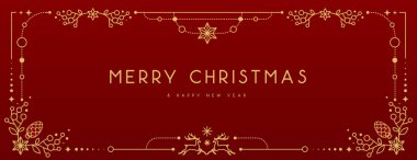 Kırmızı arka planda modern Noel çerçevesi ya da bayram tebrik kartı. Çizgi sanat vektörü illüstrasyonu