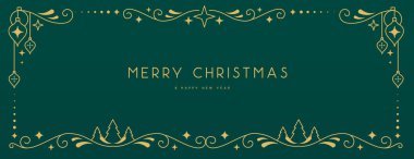 Zümrüt yeşili arka planda modern Noel çerçevesi ya da tatil tebrik kartı. Çizgi sanat vektörü illüstrasyonu