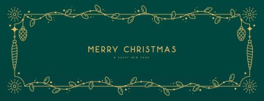 Zümrüt yeşili arka planda modern Noel çerçevesi ya da tatil tebrik kartı. Çizgi sanat vektörü illüstrasyonu