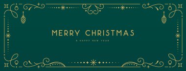 Zümrüt yeşili arka planda modern Noel çerçevesi ya da tatil tebrik kartı. Çizgi sanat vektörü illüstrasyonu