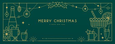 Zümrüt yeşili arka planda modern Noel çerçevesi ya da tatil tebrik kartı. Çizgi sanat vektörü illüstrasyonu