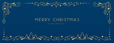 Modern Noel çerçevesi ya da mavi arka planda tatil tebrik kartı. Çizgi sanat vektörü illüstrasyonu