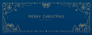 Modern Noel çerçevesi ya da mavi arka planda tatil tebrik kartı. Çizgi sanat vektörü illüstrasyonu