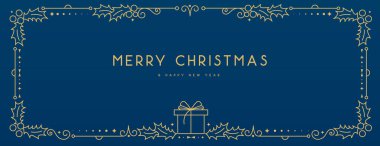 Modern Noel çerçevesi ya da mavi arka planda tatil tebrik kartı. Çizgi sanat vektörü illüstrasyonu