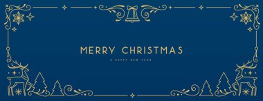 Modern Noel çerçevesi ya da mavi arka planda tatil tebrik kartı. Çizgi sanat vektörü illüstrasyonu