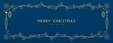 Modern Noel çerçevesi ya da mavi arka planda tatil tebrik kartı. Çizgi sanat vektörü illüstrasyonu