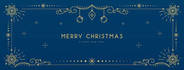 Modern Noel çerçevesi ya da mavi arka planda tatil tebrik kartı. Çizgi sanat vektörü illüstrasyonu