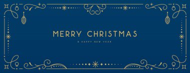 Modern Noel çerçevesi ya da mavi arka planda tatil tebrik kartı. Çizgi sanat vektörü illüstrasyonu