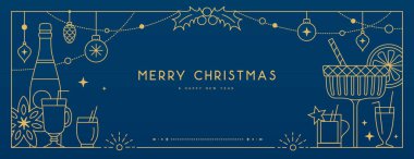 Modern Noel çerçevesi ya da mavi arka planda tatil tebrik kartı. Çizgi sanat vektörü illüstrasyonu