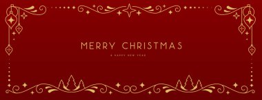 Kırmızı arka planda modern Noel çerçevesi ya da bayram tebrik kartı. Çizgi sanat vektörü illüstrasyonu