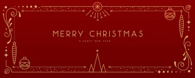Kırmızı arka planda modern Noel çerçevesi ya da bayram tebrik kartı. Çizgi sanat vektörü illüstrasyonu