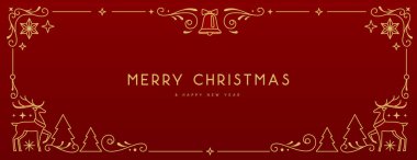 Kırmızı arka planda modern Noel çerçevesi ya da bayram tebrik kartı. Çizgi sanat vektörü illüstrasyonu