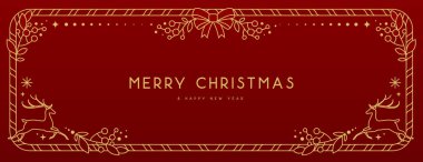 Kırmızı arka planda modern Noel çerçevesi ya da bayram tebrik kartı. Çizgi sanat vektörü illüstrasyonu