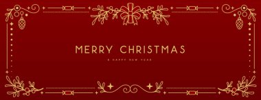 Kırmızı arka planda modern Noel çerçevesi ya da bayram tebrik kartı. Çizgi sanat vektörü illüstrasyonu