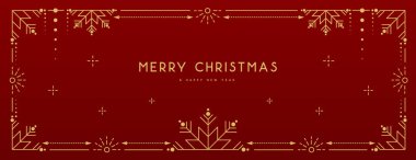 Kırmızı arka planda modern Noel çerçevesi ya da bayram tebrik kartı. Çizgi sanat vektörü illüstrasyonu