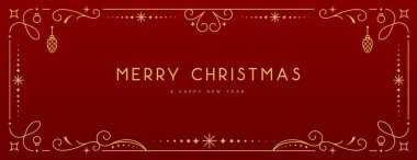 Kırmızı arka planda modern Noel çerçevesi ya da bayram tebrik kartı. Çizgi sanat vektörü illüstrasyonu