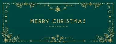 Zümrüt yeşili arka planda modern Noel çerçevesi ya da tatil tebrik kartı. Çizgi sanat vektörü illüstrasyonu