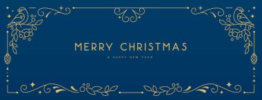Modern Noel çerçevesi ya da mavi arka planda tatil tebrik kartı. Çizgi sanat vektörü illüstrasyonu