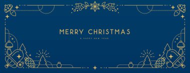 Modern Noel çerçevesi ya da mavi arka planda tatil tebrik kartı. Çizgi sanat vektörü illüstrasyonu