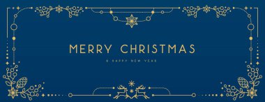 Modern Noel çerçevesi ya da mavi arka planda tatil tebrik kartı. Çizgi sanat vektörü illüstrasyonu