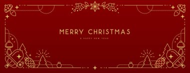 Kırmızı arka planda modern Noel çerçevesi ya da bayram tebrik kartı. Çizgi sanat vektörü illüstrasyonu